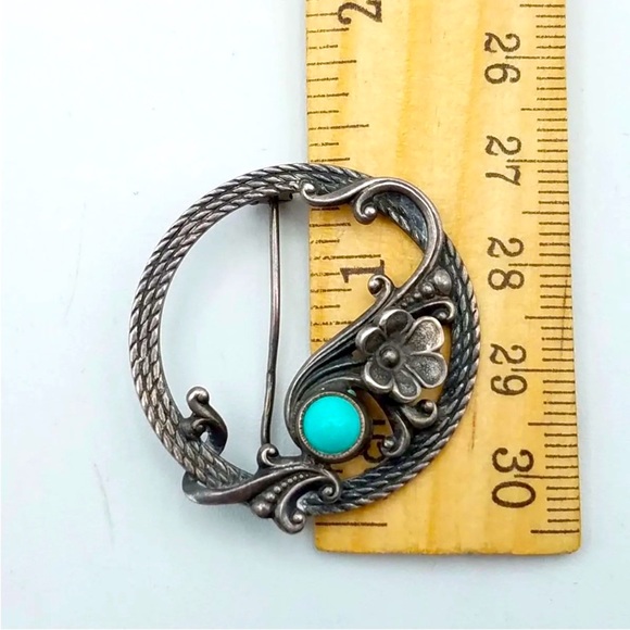 Antique 925 Silver Vintage Glass Cabochon Art Nouveau Brooch - Picture 3 of 3